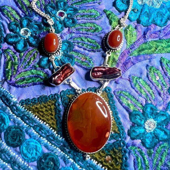 Jewelry - Carnelian and Biwa Pearl Necklace 18”